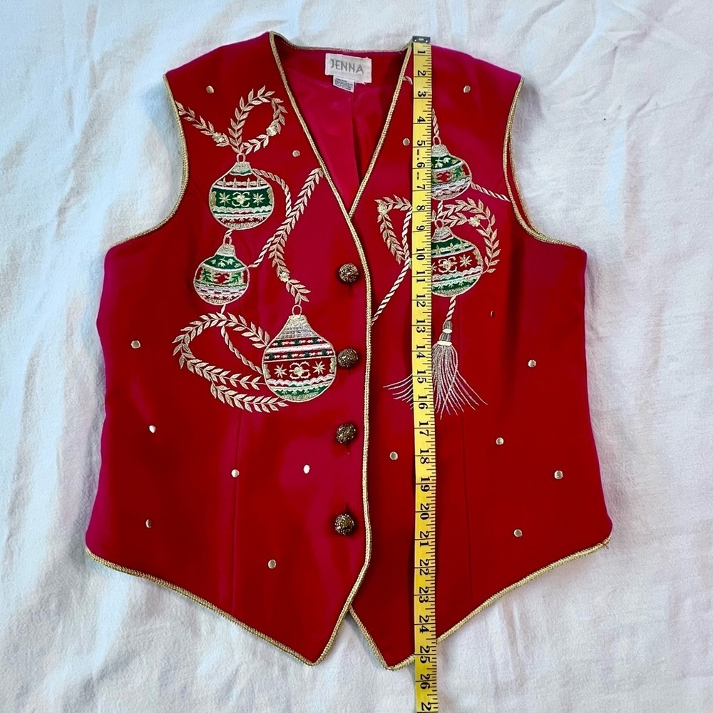 Jenna VTG 100% Wool Embroidered‎ Appliqué Christmas Ornament Button Vest Red L - Picture 15 of 16